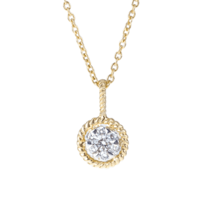 Gold pendant with diamonds on white background.