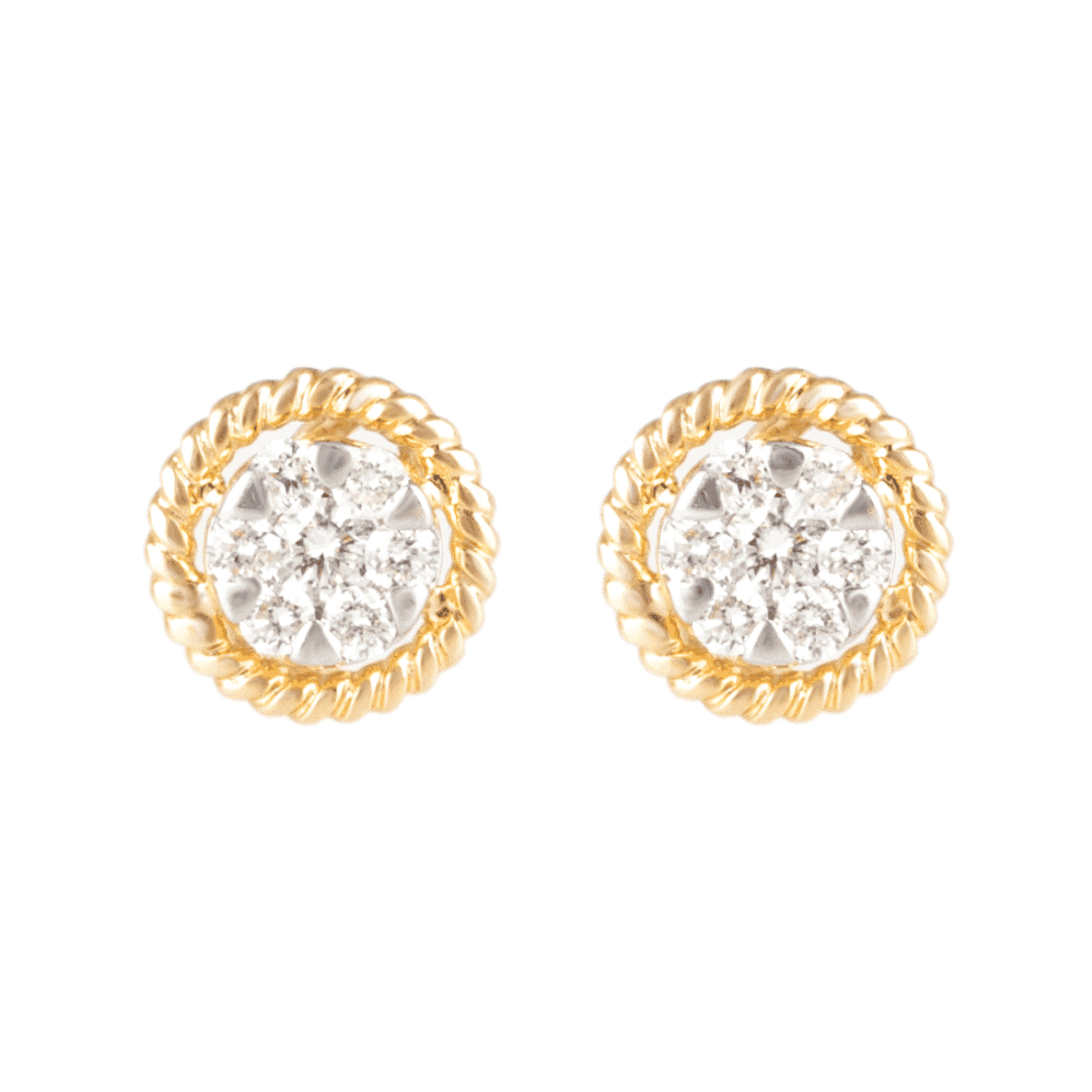 Gold earrings with diamonds on a light background.