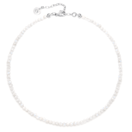 Moonstone necklace choker with silver elements on white background.