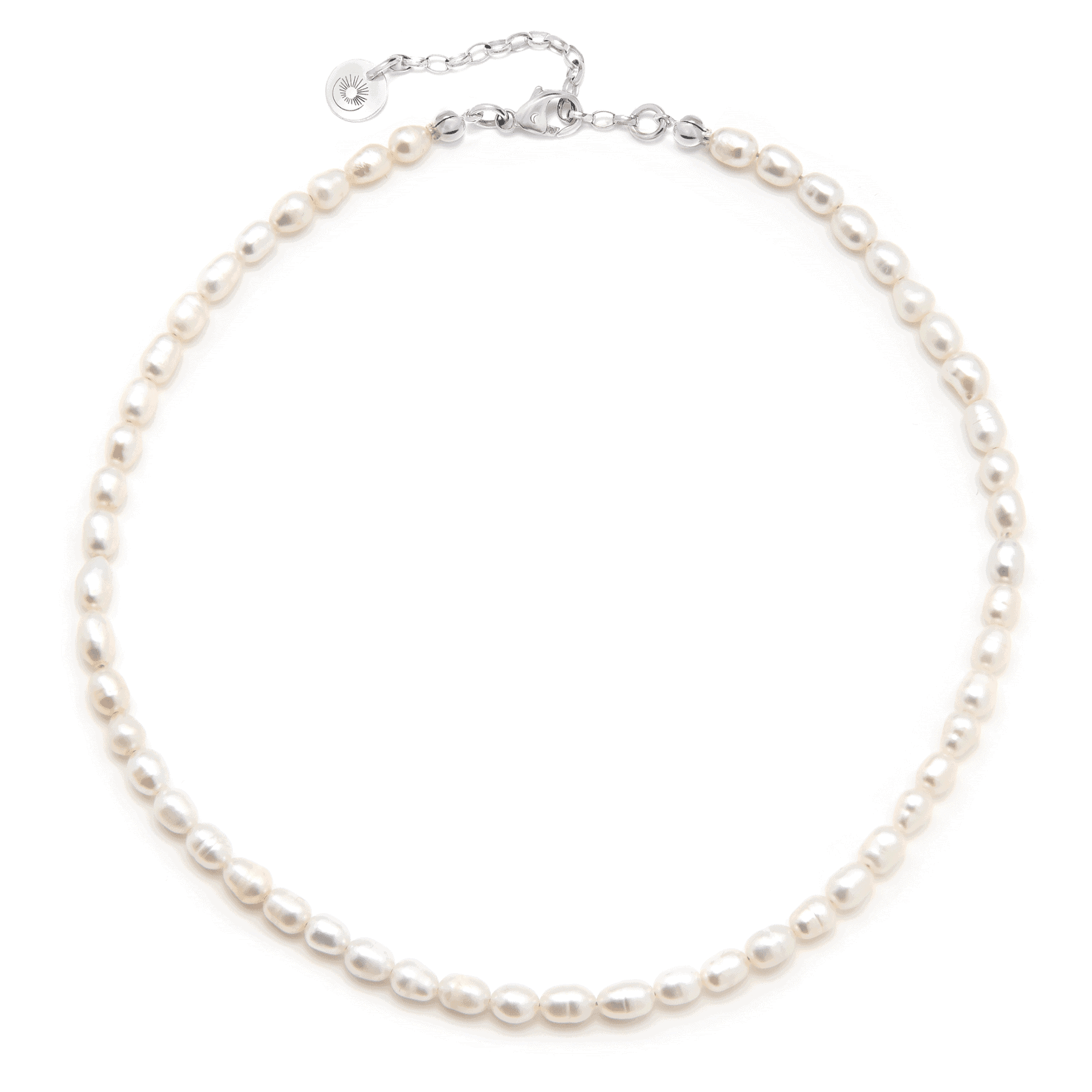 Pearl necklace choker with silver elements on white background