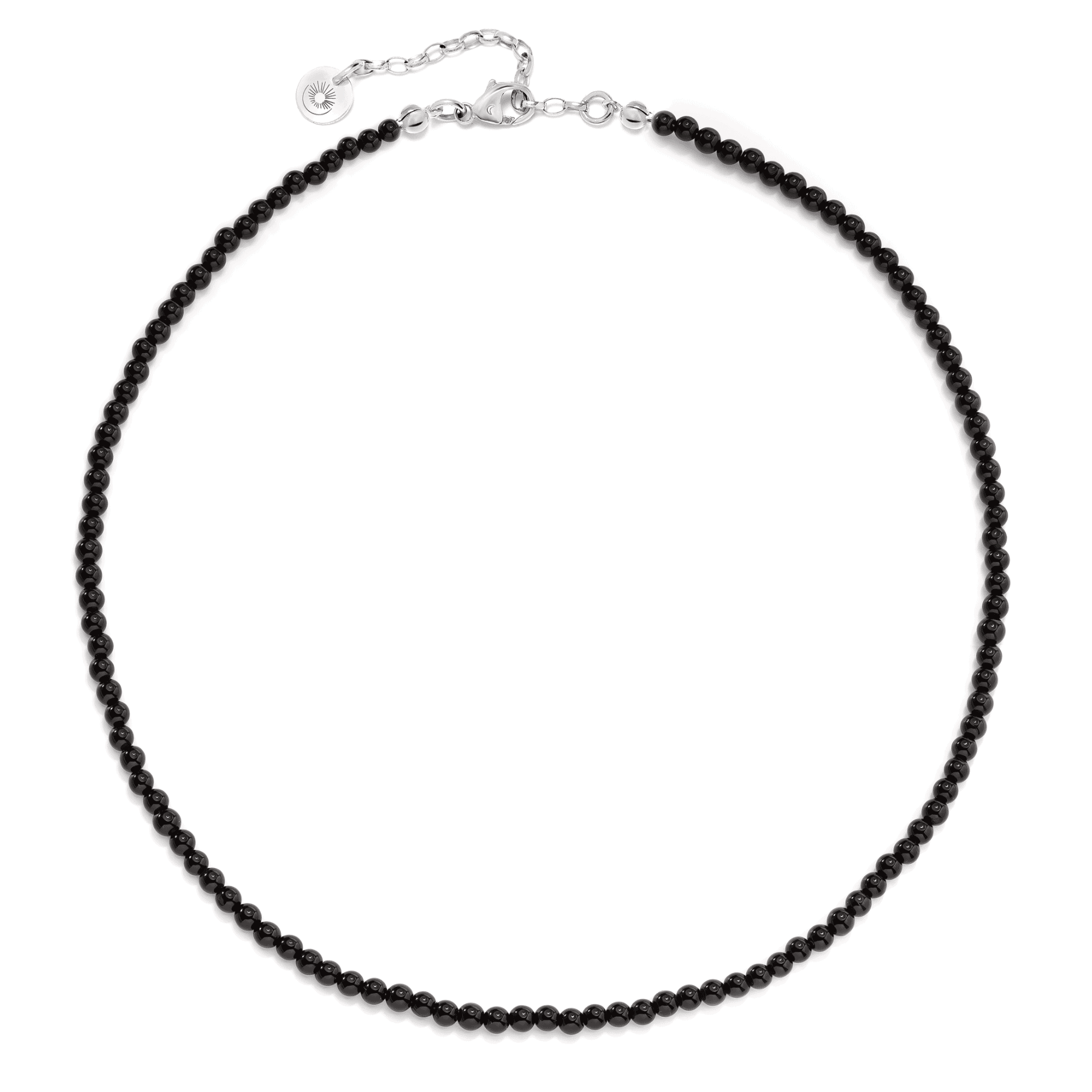 Black gemstones necklace choker with silver elements on white background