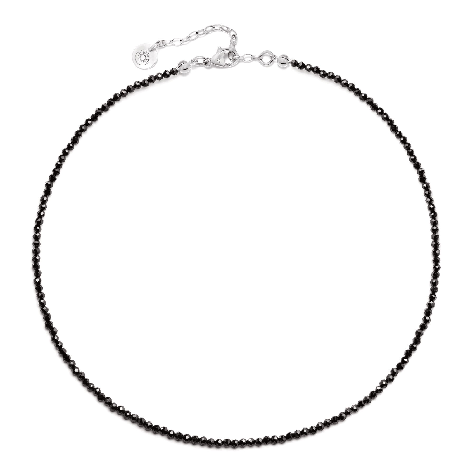 Black necklace choker with silver elements on white background.