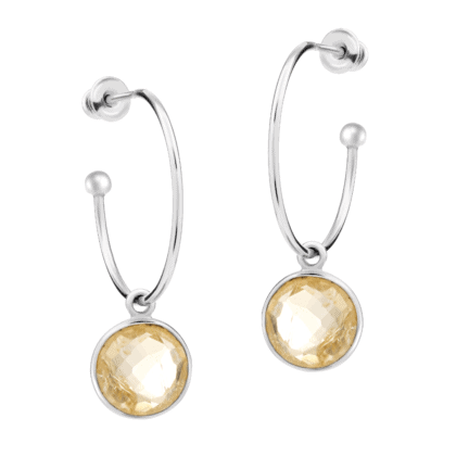 Silver drop earrings with pendant made of natural, yellow citrine on a light background.