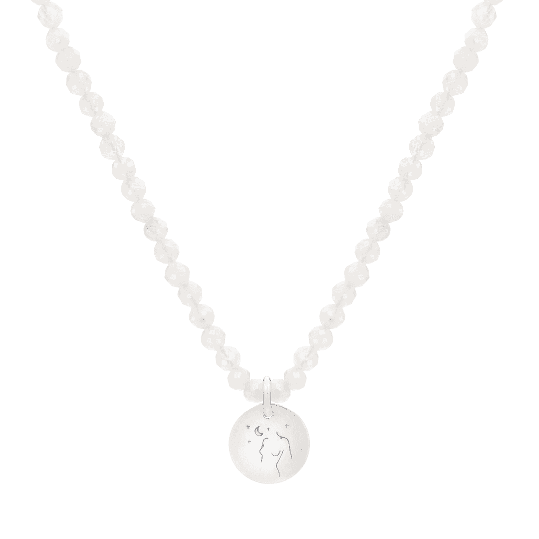 Moonstone necklace with silver pendant on white background