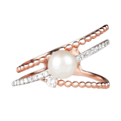 Rose gold ring with diamonds and pearl MOON on white background