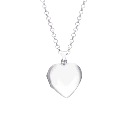 Srebrny sekretnik z personalizowanym grawerem w formie serca na delikatnym łańcuszku.