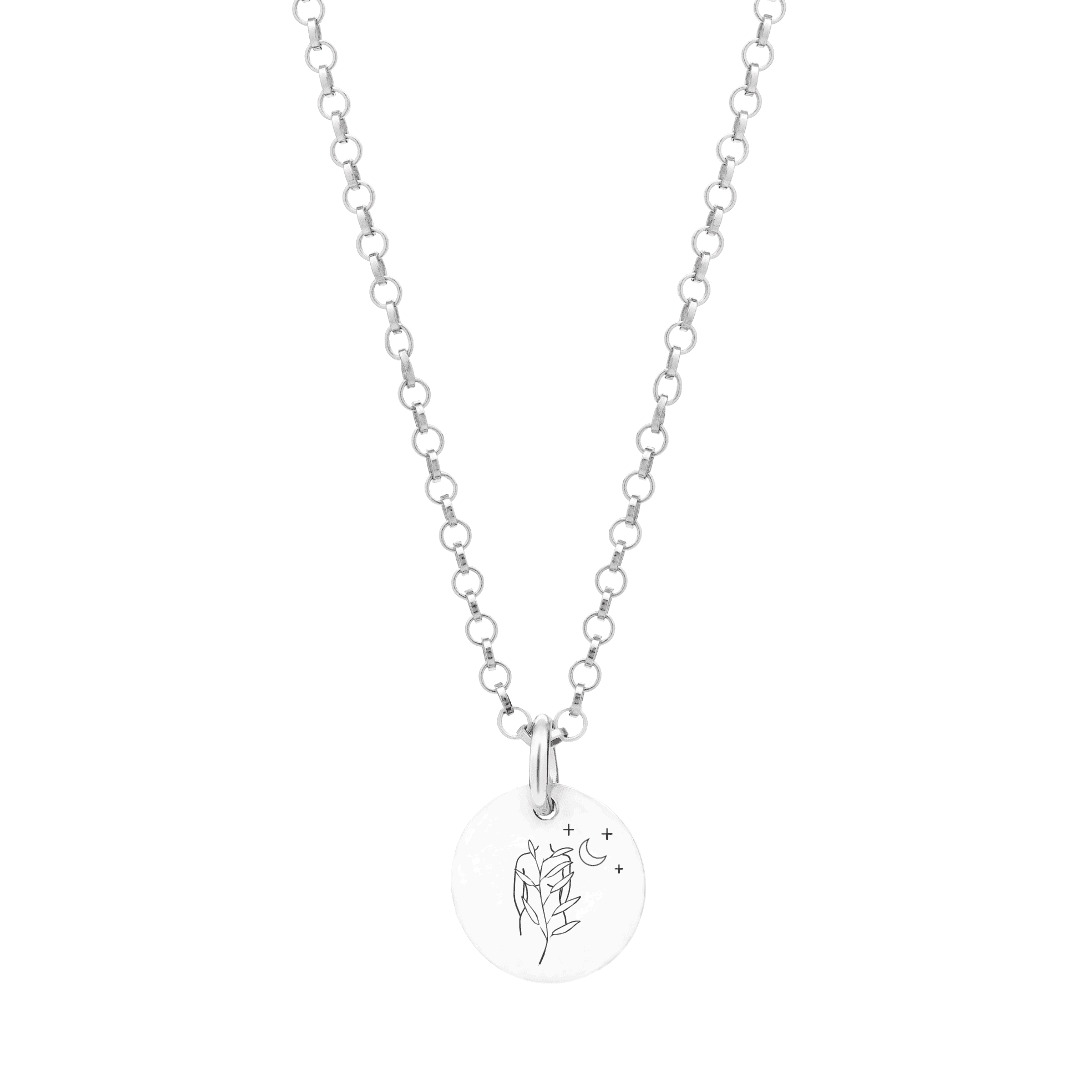 Silver necklace with engraving PLANT with chain on white background