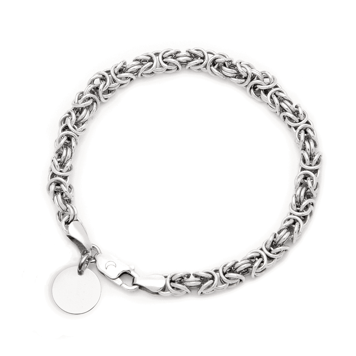 Silver bracelet with a round pendant and engraving.