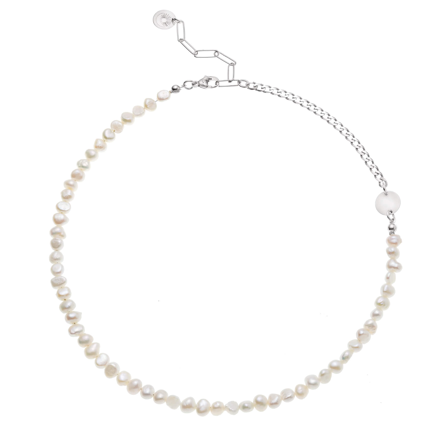 Necklace made of irregular pearls with a chain on white background.