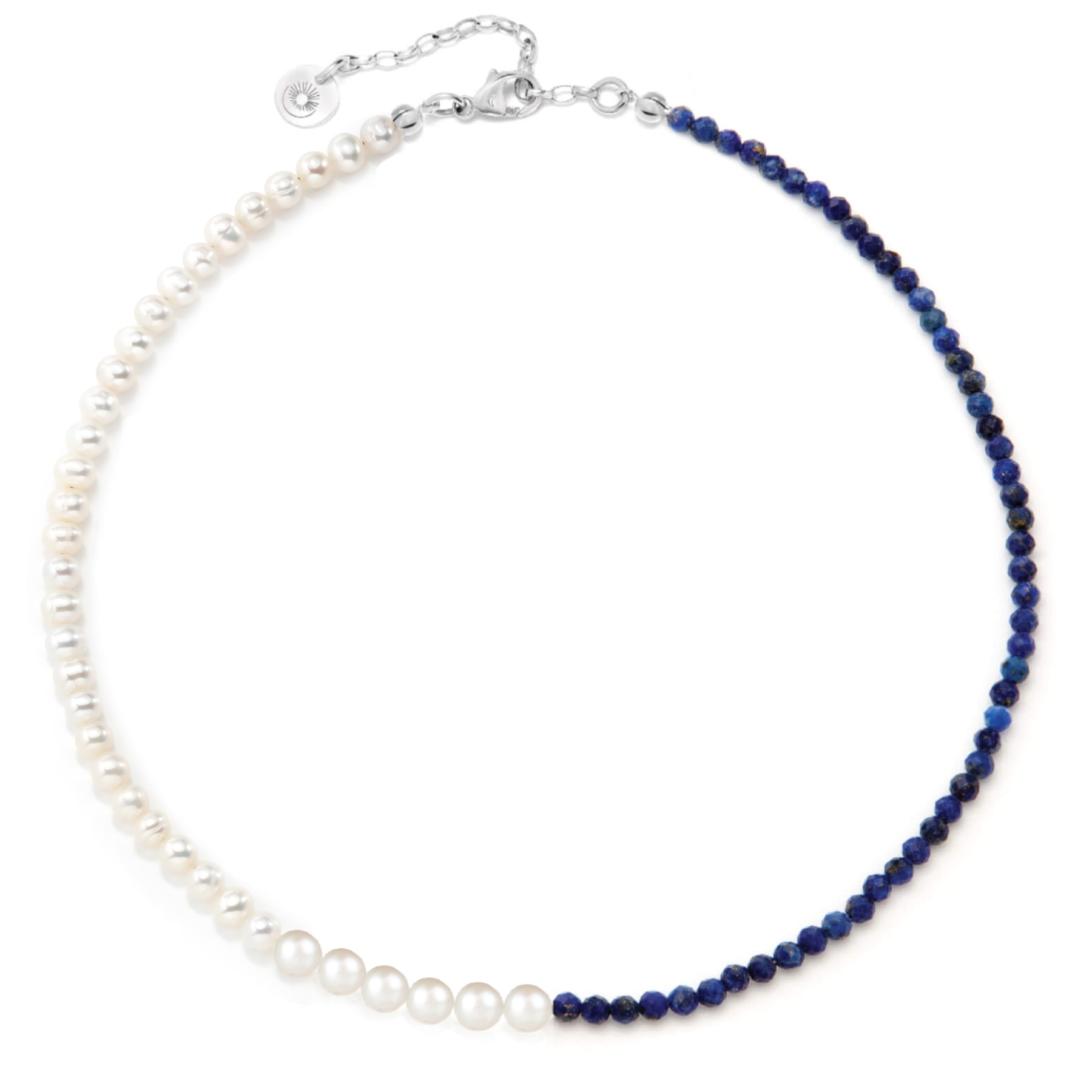 Pearl necklace with blue stones